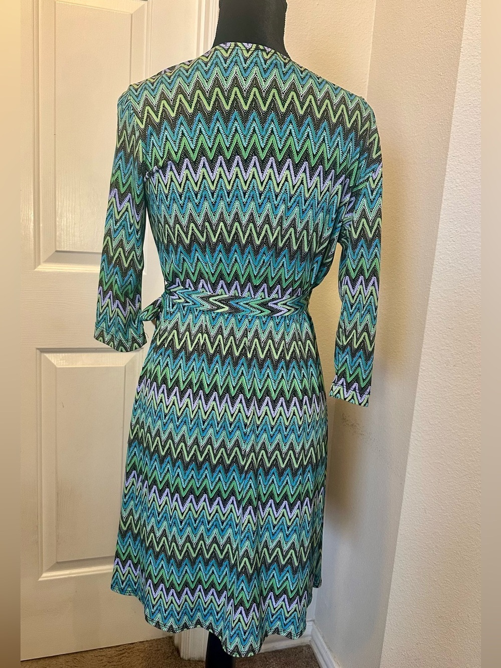 Vintage Y2K Zigzag Faux Wrap Dress Petite 8P Blue Green Jersey Stretch - Picture 4 of 11